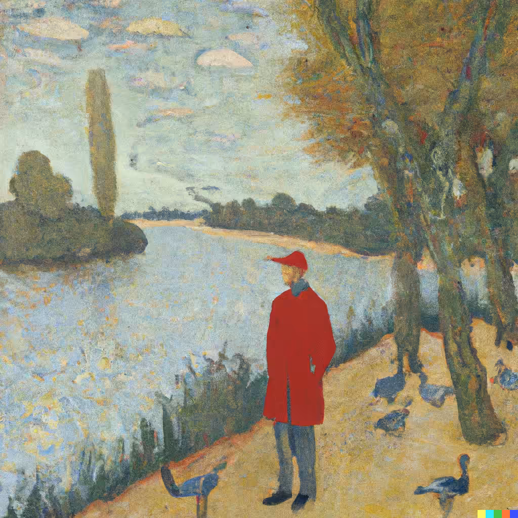Man in red, contemplative