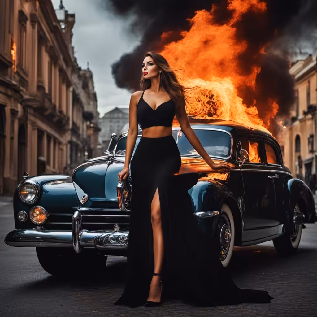 A beautiful woman next to her burnt car