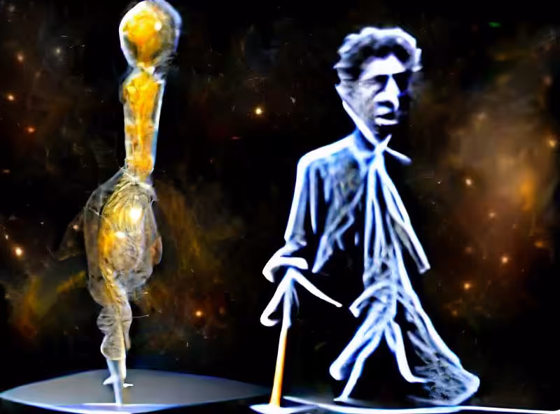 Abraham's First Works: A Giacometti figure walking into infinite space