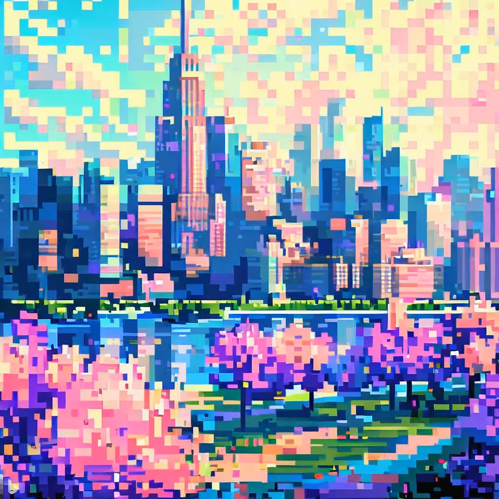 pixelated new york city year 2030 spring time
