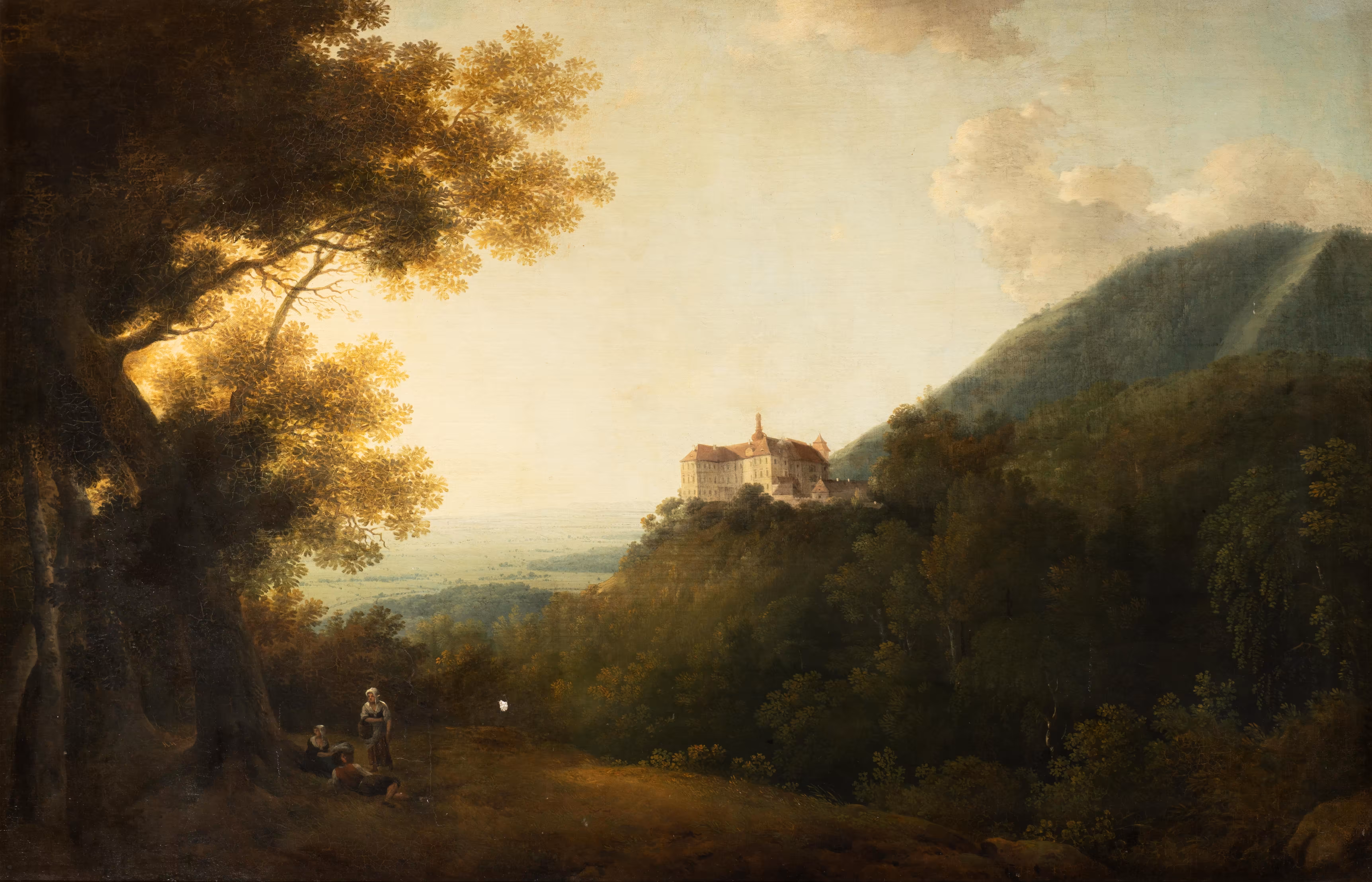 Proof of Patronage: A Distant View of the Castle of Jezeří with Figures in the Foreground, Beneath a Large Tree