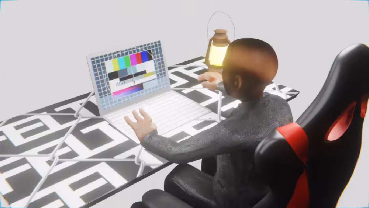 Desktop #56: The Business in the Gaming Chair With a Gas Lamp and a Please Stand By Monitor on a Barbed Wire Table in The Void