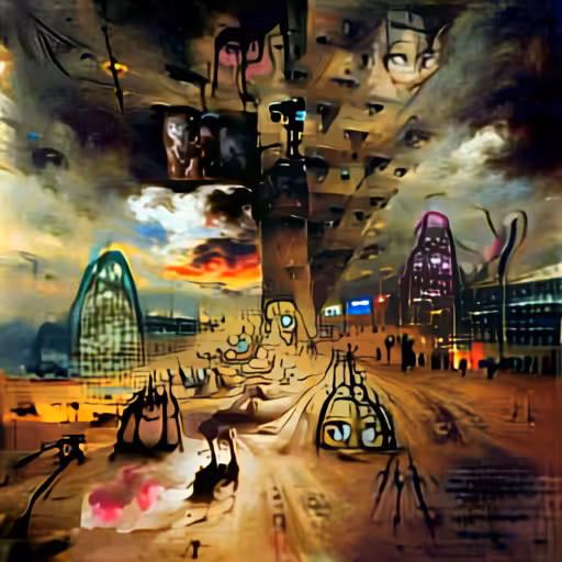 An absolutely horrific cyberpunk city hellscape, why would anyone do such a thing? in the style of Salvador Dali