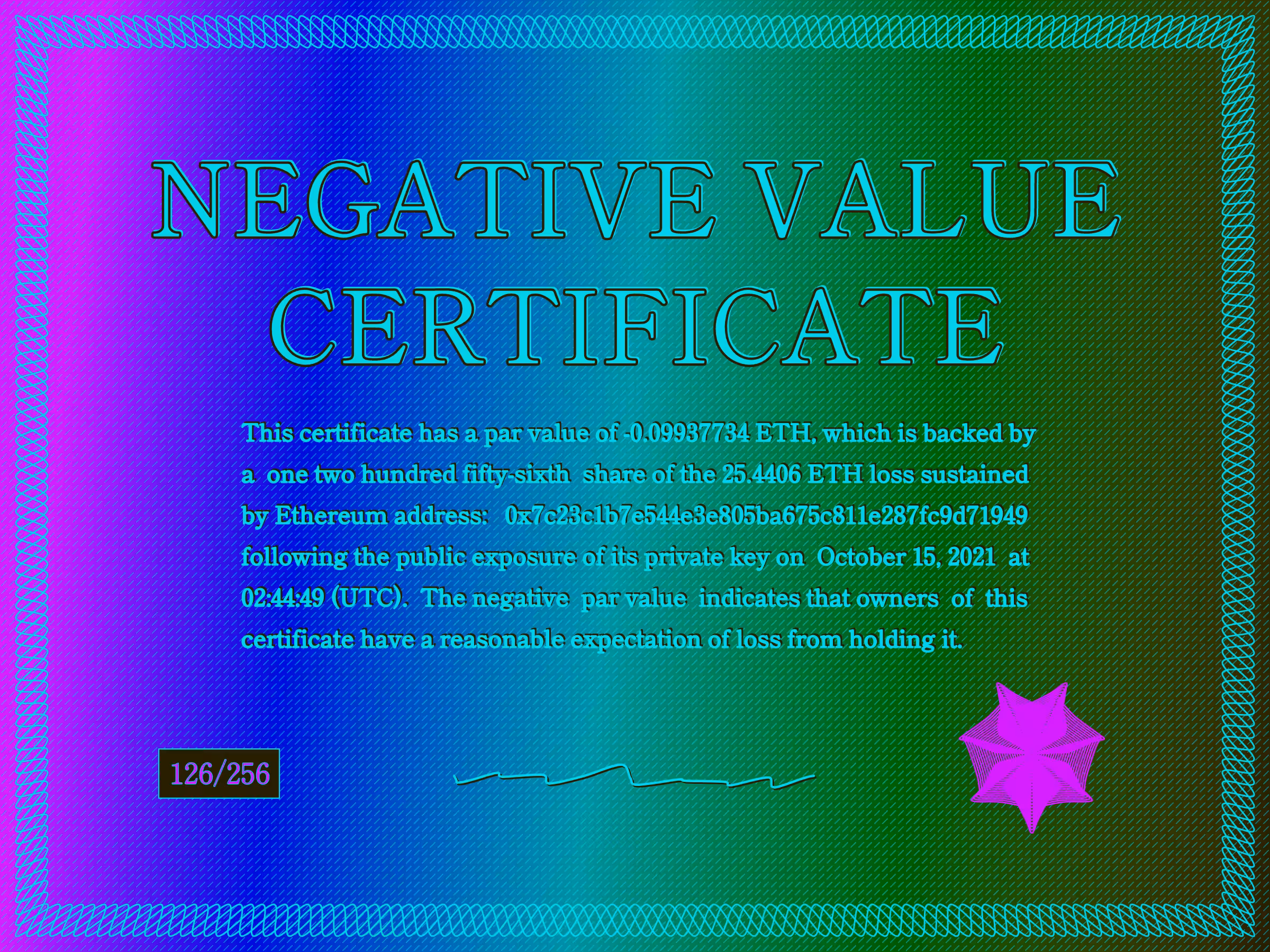 Negative Value Certificate #126 of 256