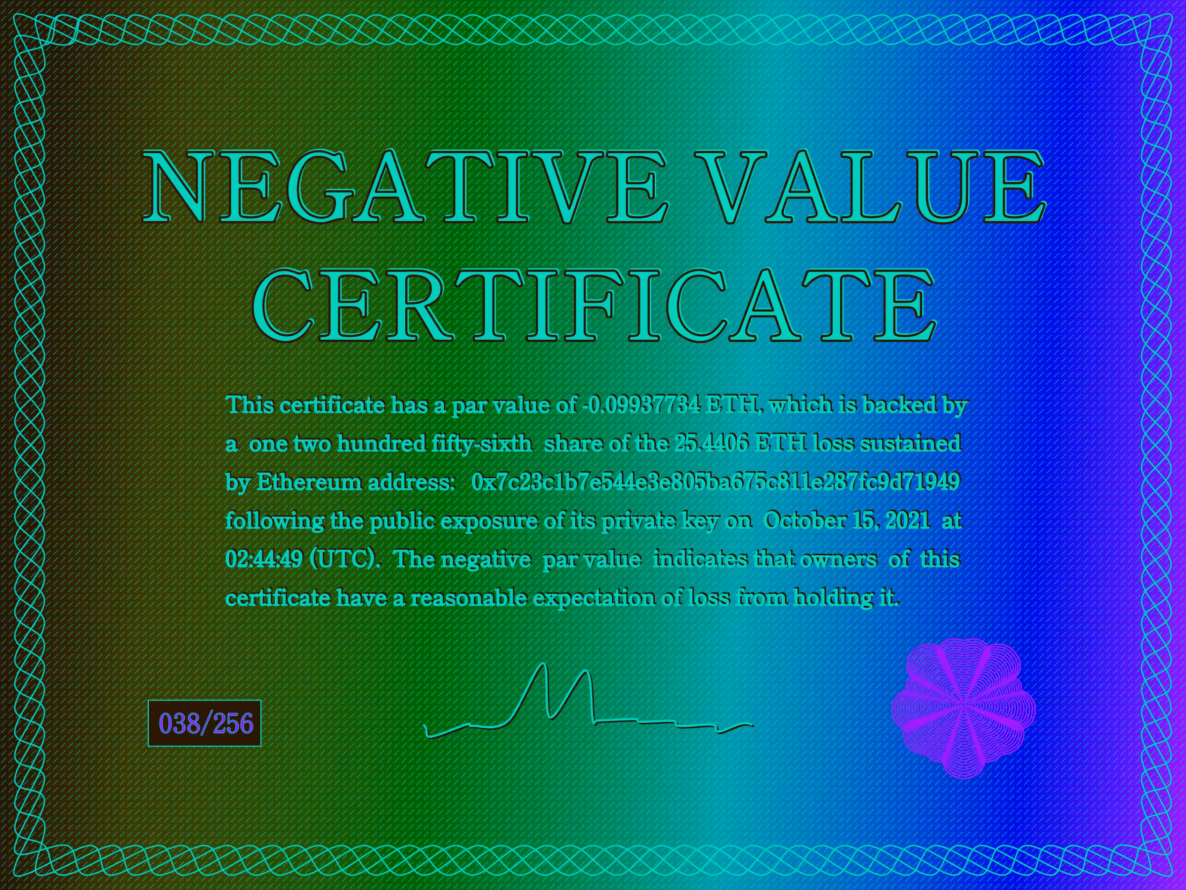 Negative Value Certificate #38 of 256