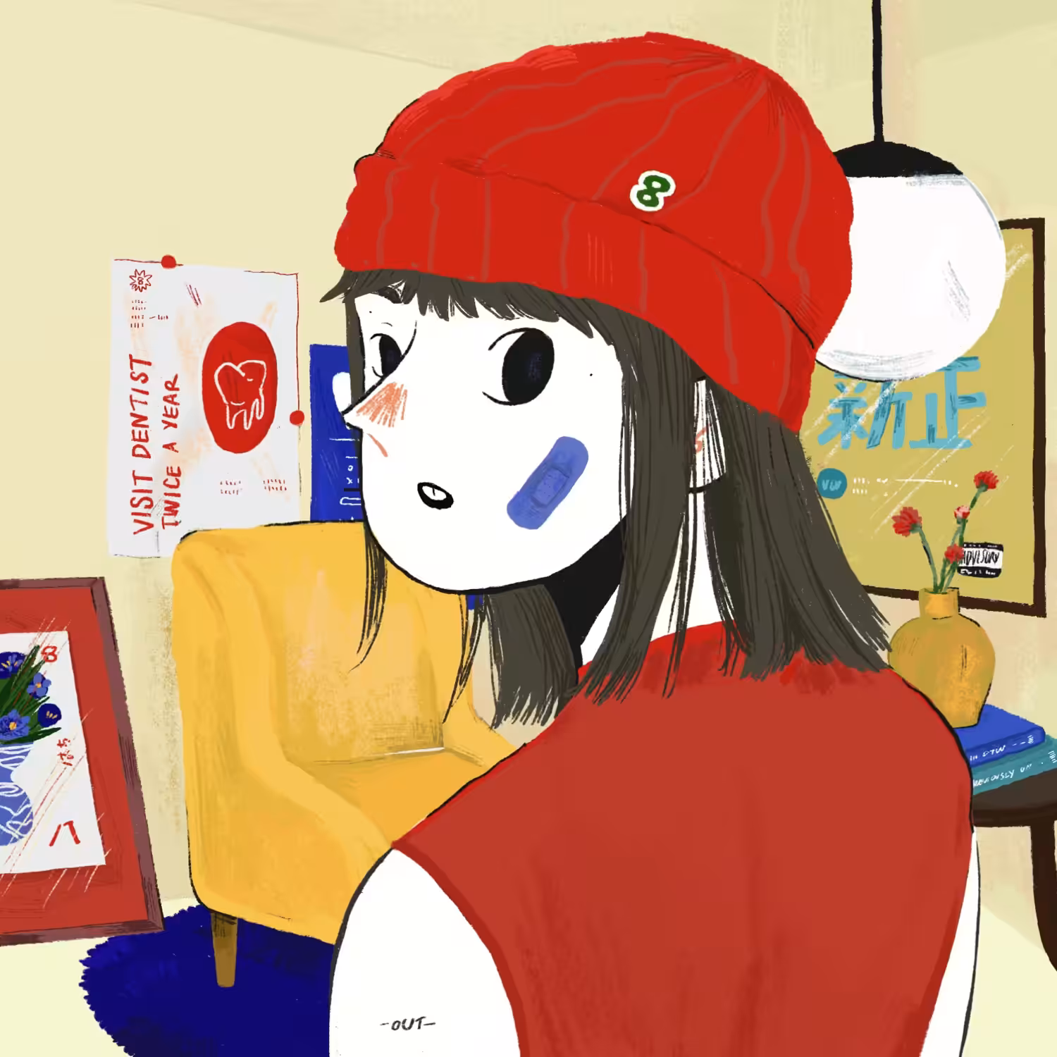 She is in the living room, Wearing her favorite beanie - san