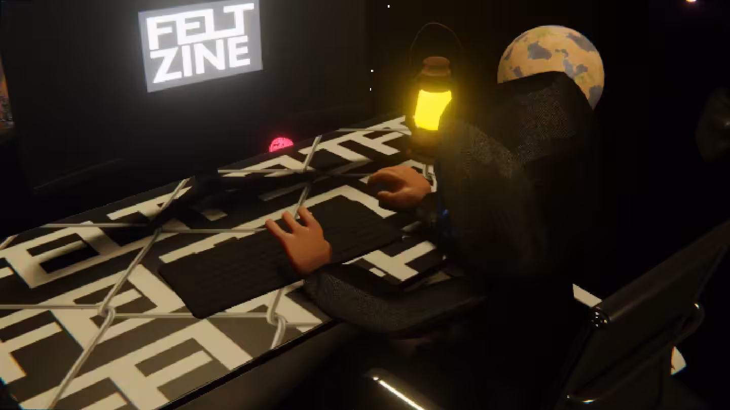 Desktop #240: The Hacker in the Black Slim Chair With a Gas Lamp and a Old School Monitor on a Barbed Wire Table in Space