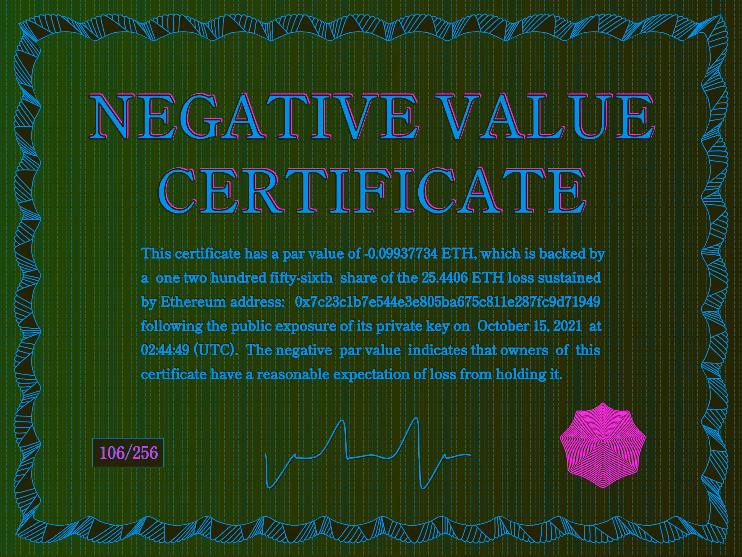 Negative Value Certificate #106 of 256
