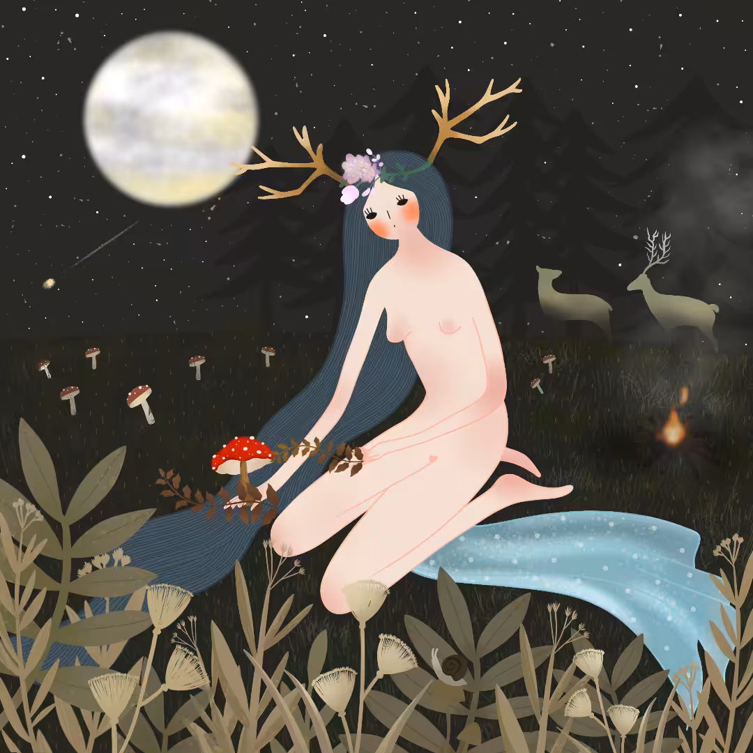 A girl under full moon.