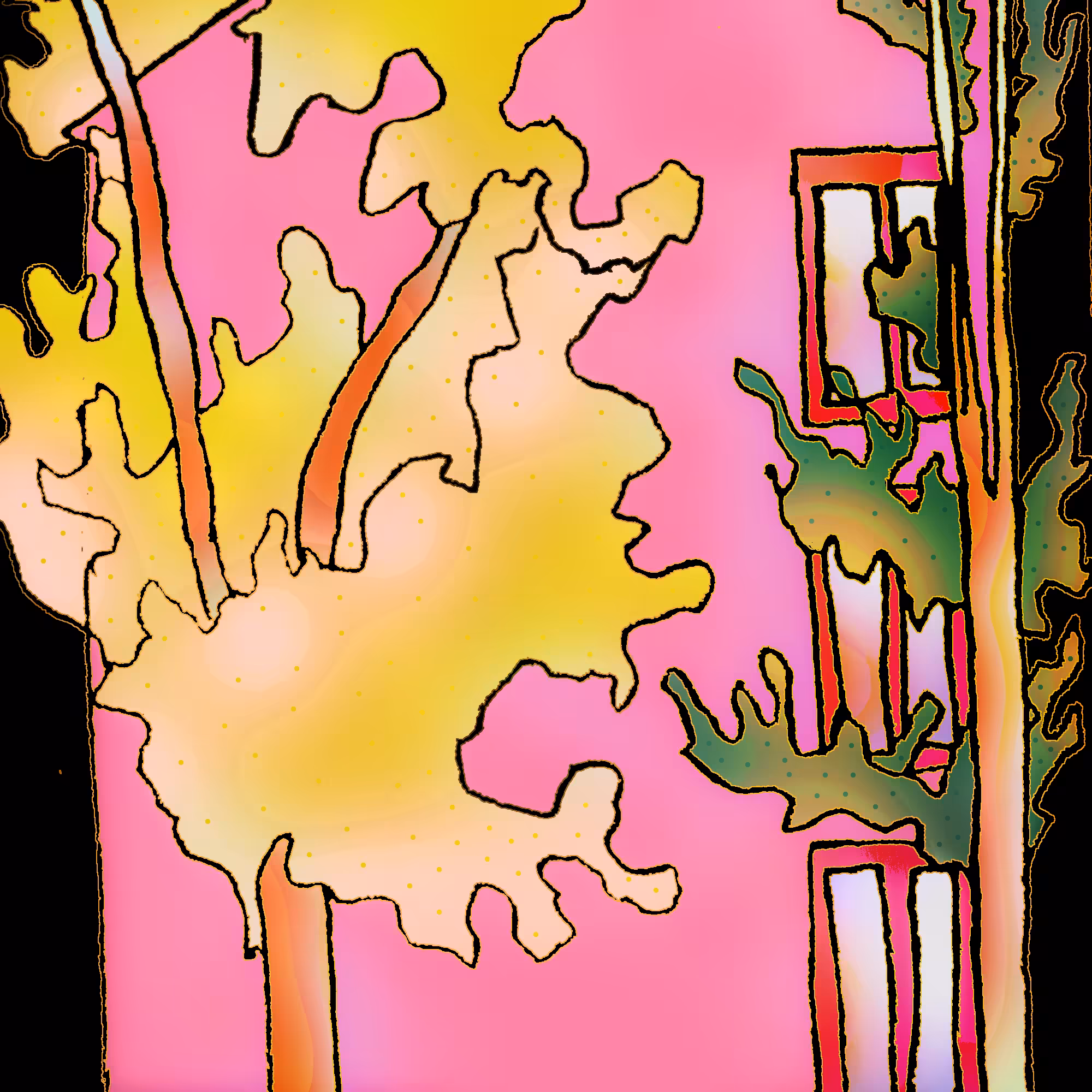 a yellow tree and a green tree against a pink wall