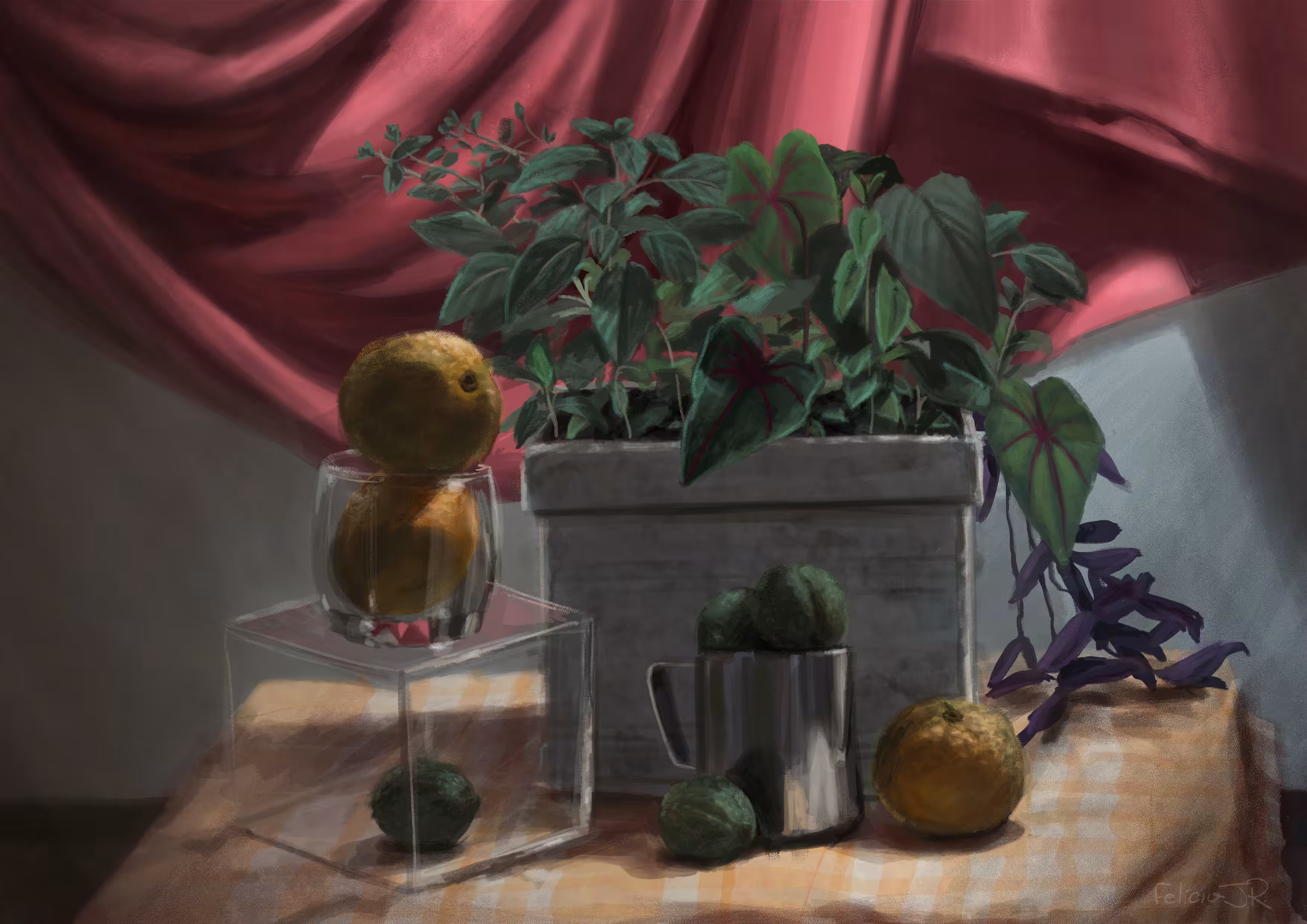 Still Life with lemons, oranges, Caladium and Purple Heart plants