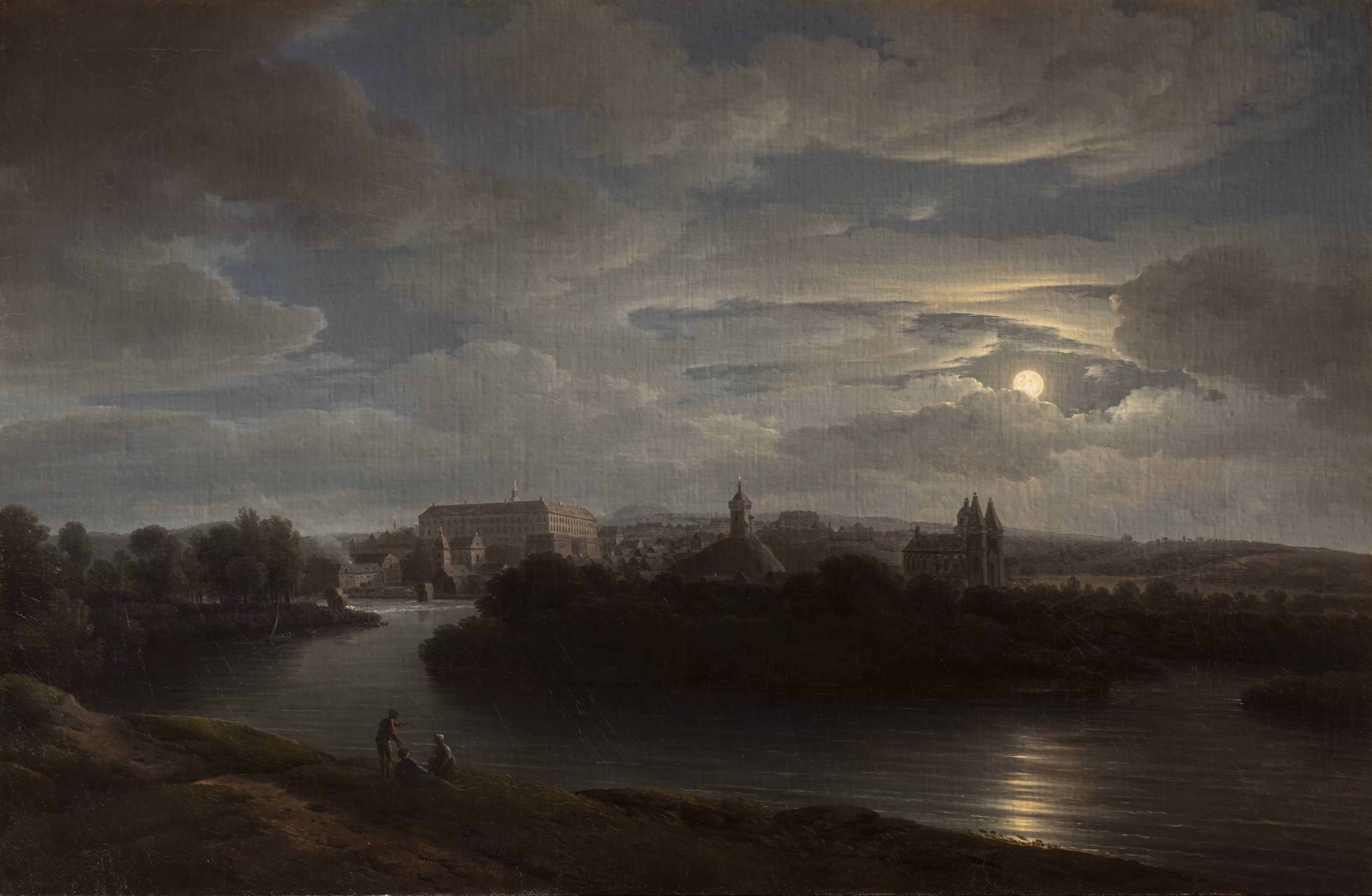 A View of Roudnice Castle and Town by Moonlight with the River Elbe in the Foreground