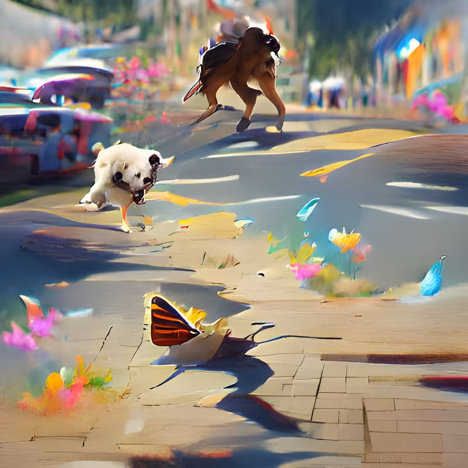 Dog chasing butterfly through the streets