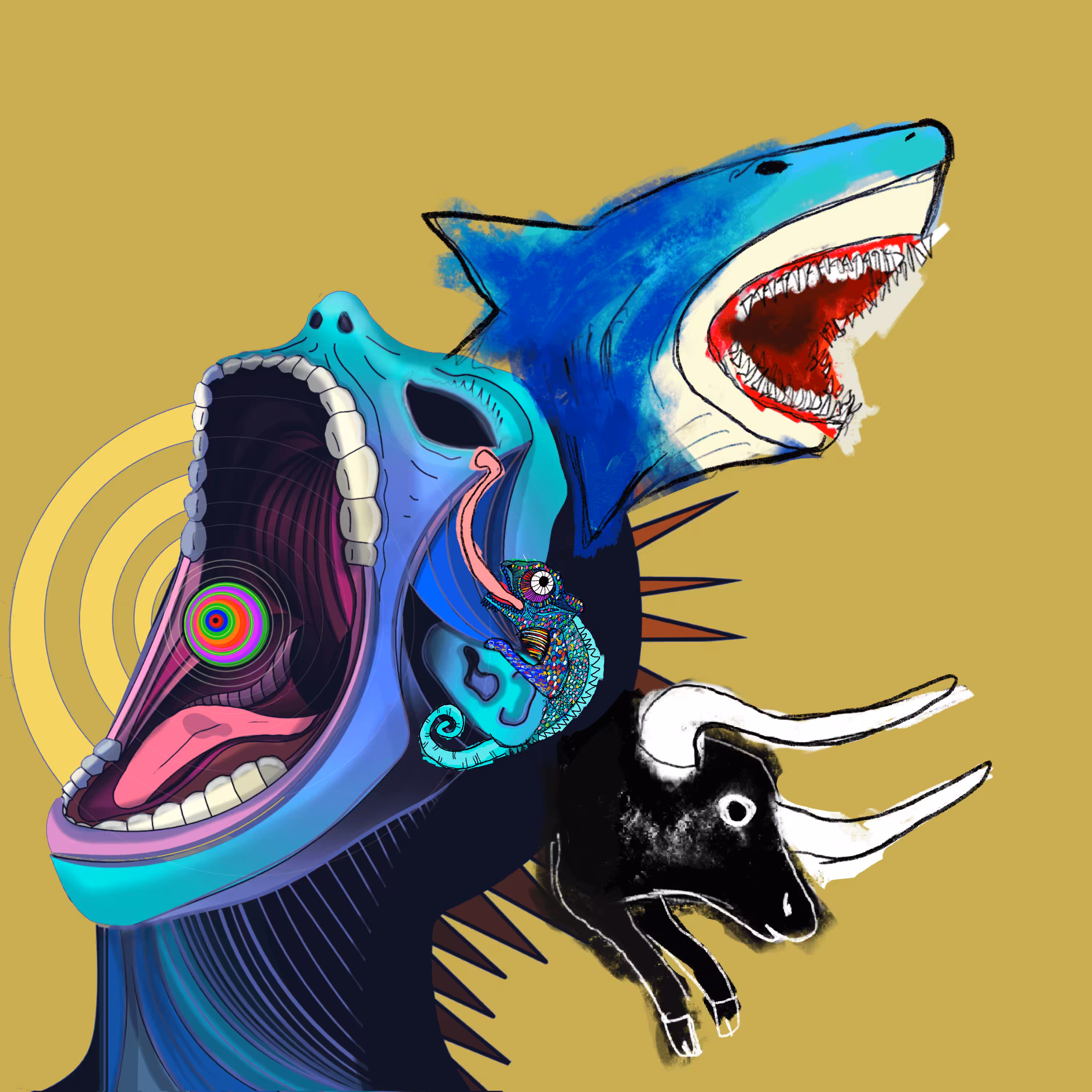 #71 Shark, chameleon and bull - collab with Jesse Doyle