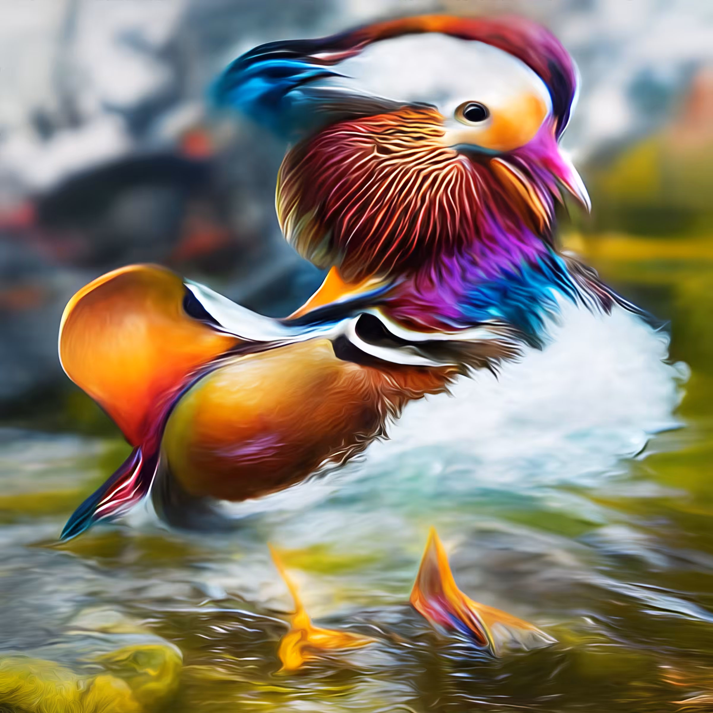 AI-Colorful Birds Of The World: AI-Baby Mandarin Splashing In A Pond