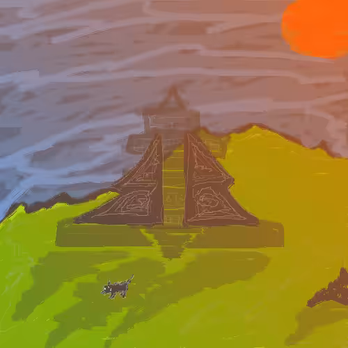 temple sunset with a little dog