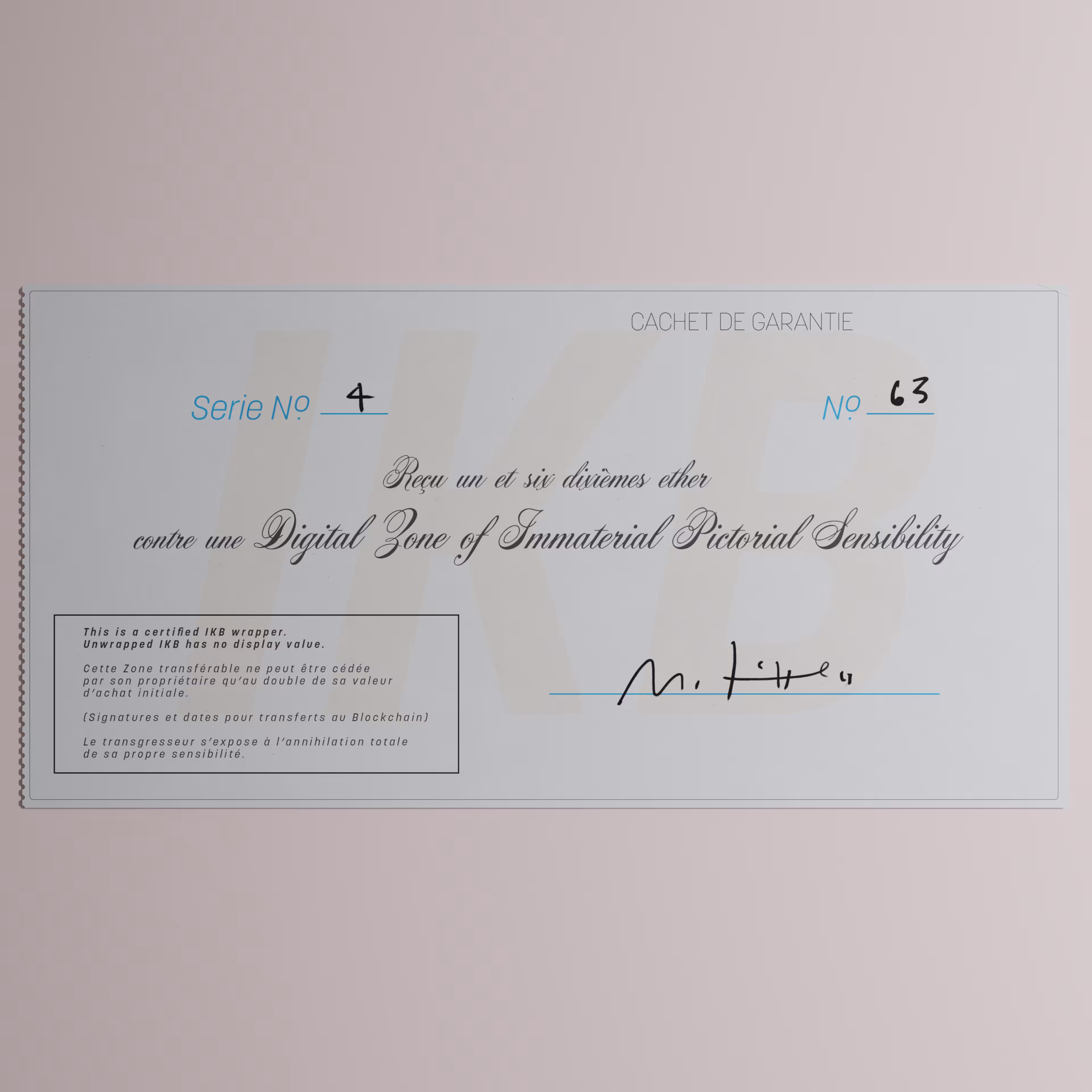 Digital Zone of Immaterial Pictorial Sensibility, Series 4, Edition 63. (Wrapped)