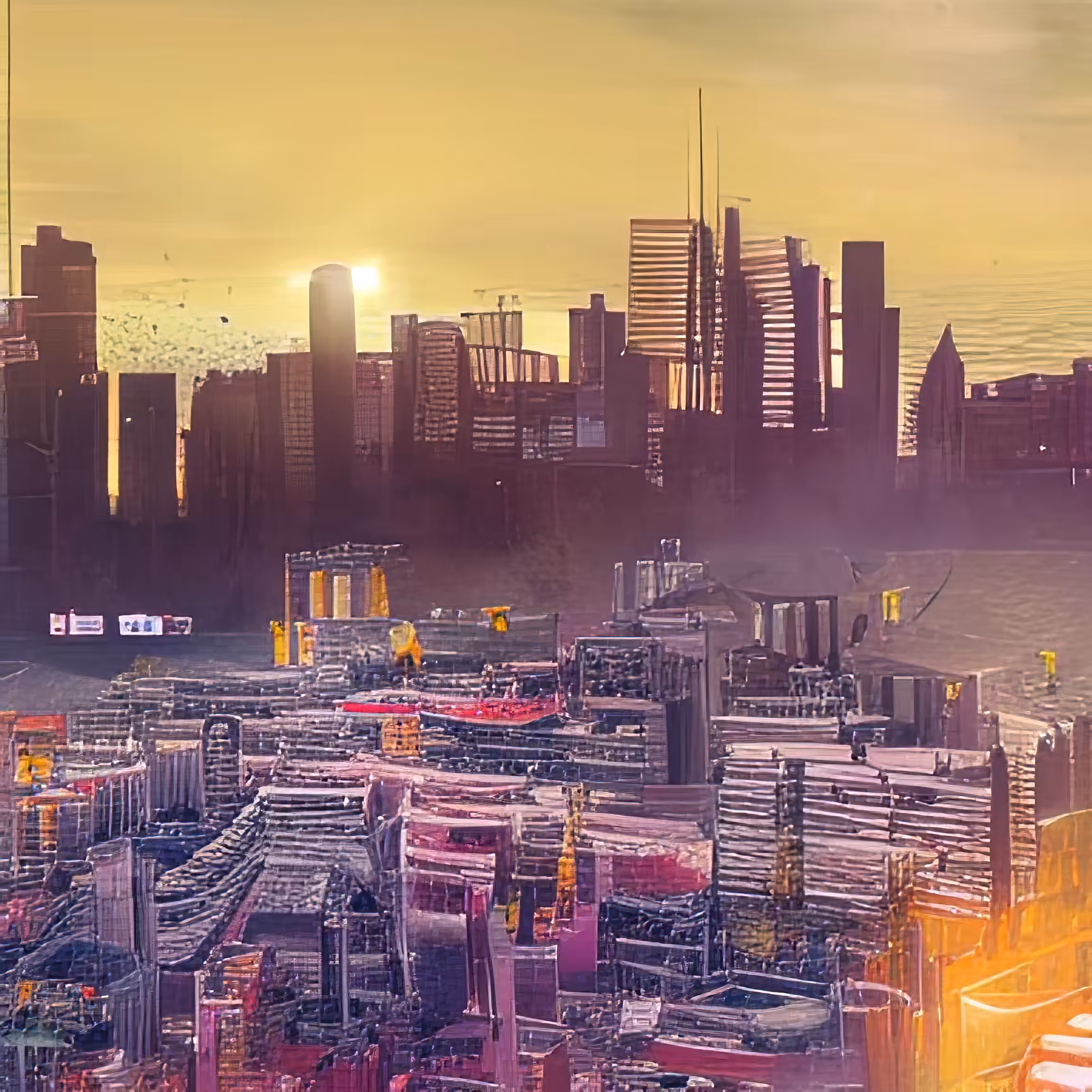 cyberpunk city panorama sunset 207520493