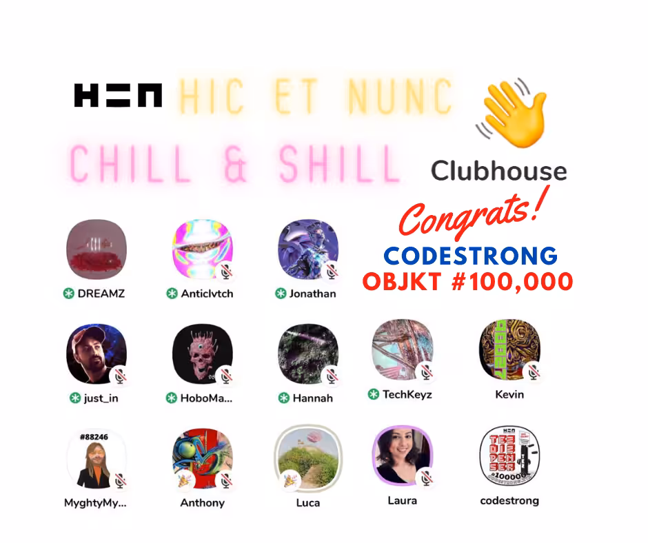 SlumberParty #003 Pillow Drop Party - Chill and Shill Session and Clubhouse Collaboration - 100% of ALL PROCEEDS go to ONBOARDING New Collectors and Artists for the Commonwealth of Hic Et Nunc and the Greater Tezos Community! OneLove! Congrats to Codestrong OBJKT#100000