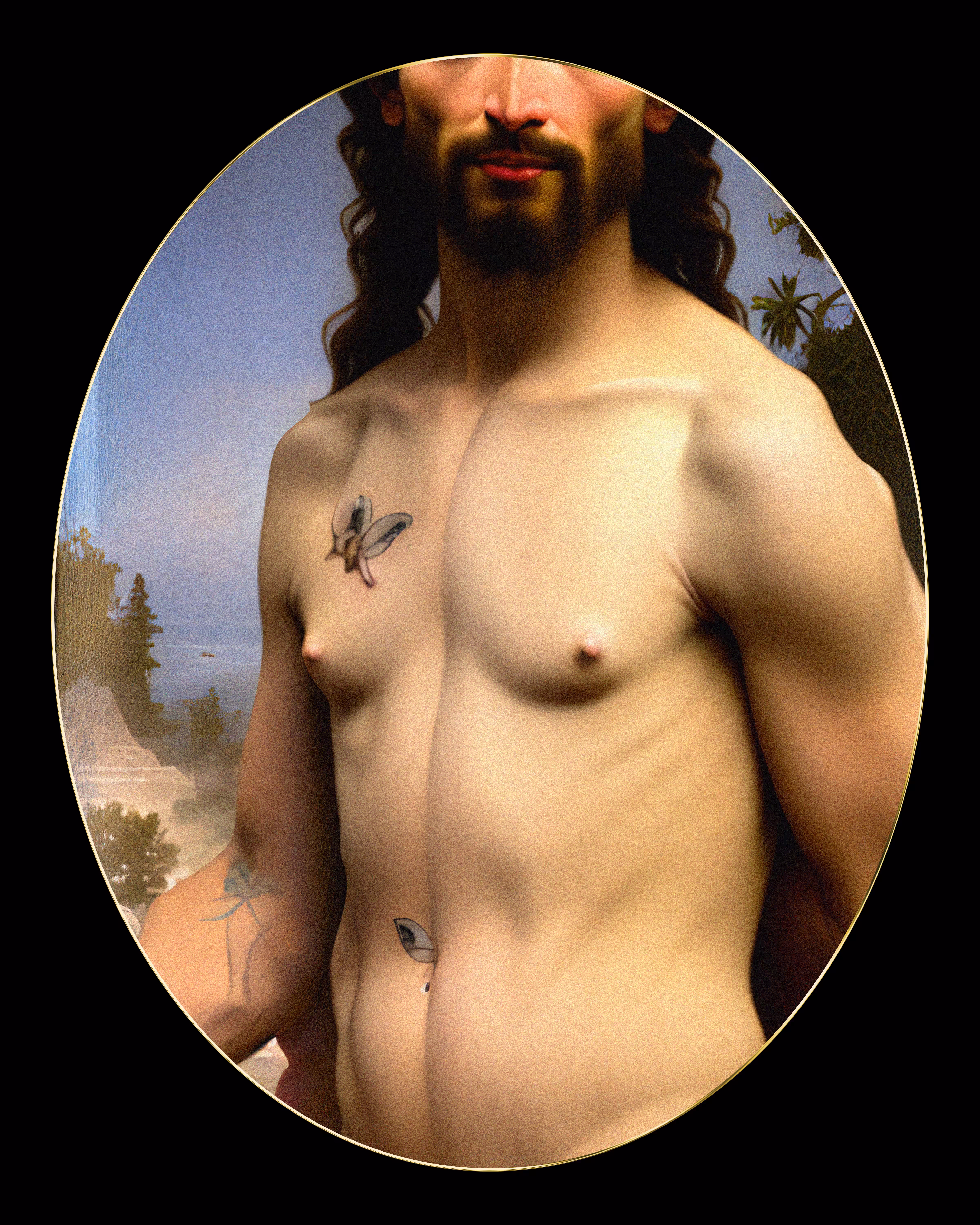 Butterfly tattoo on the right holy chest