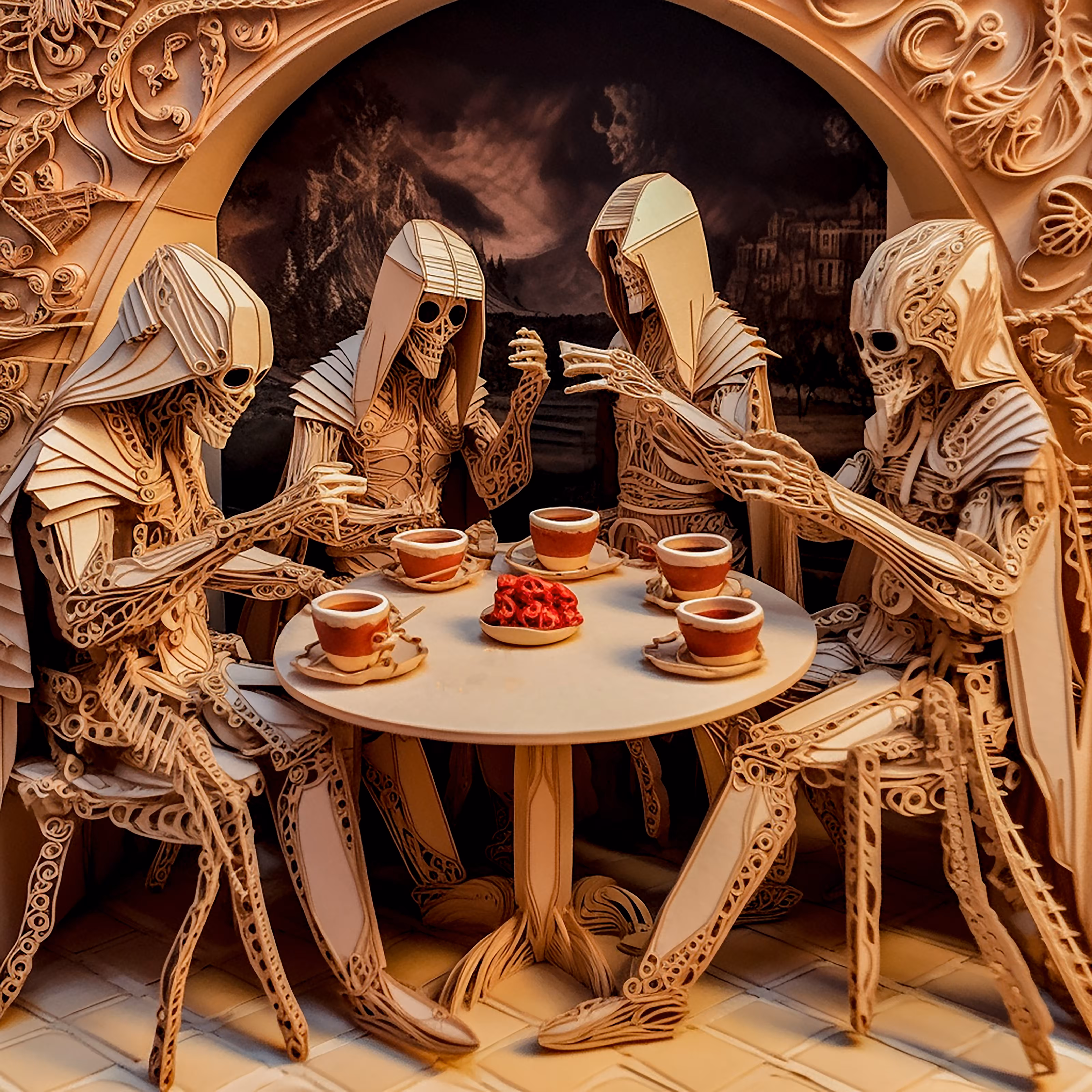 The Four Horsemen In The Cafe - AI Paper Quilled