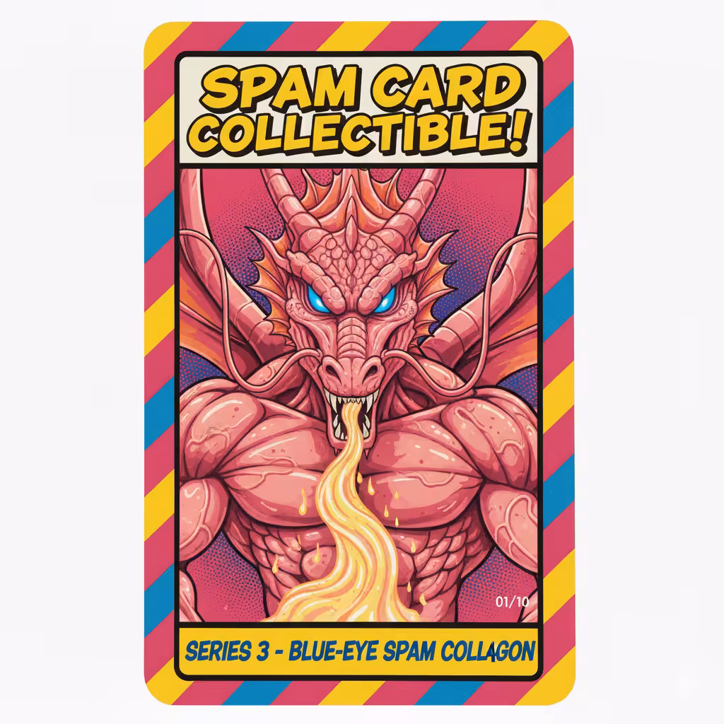 FROM SPAM TO SLOP - SPAM ART: Spam Card Collectible (Blue Eye Spam Collagon)
