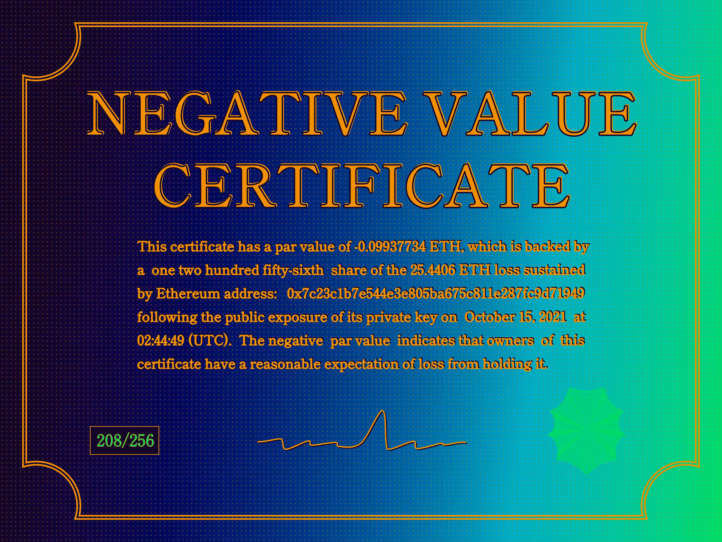 Negative Value Certificate #208 of 256