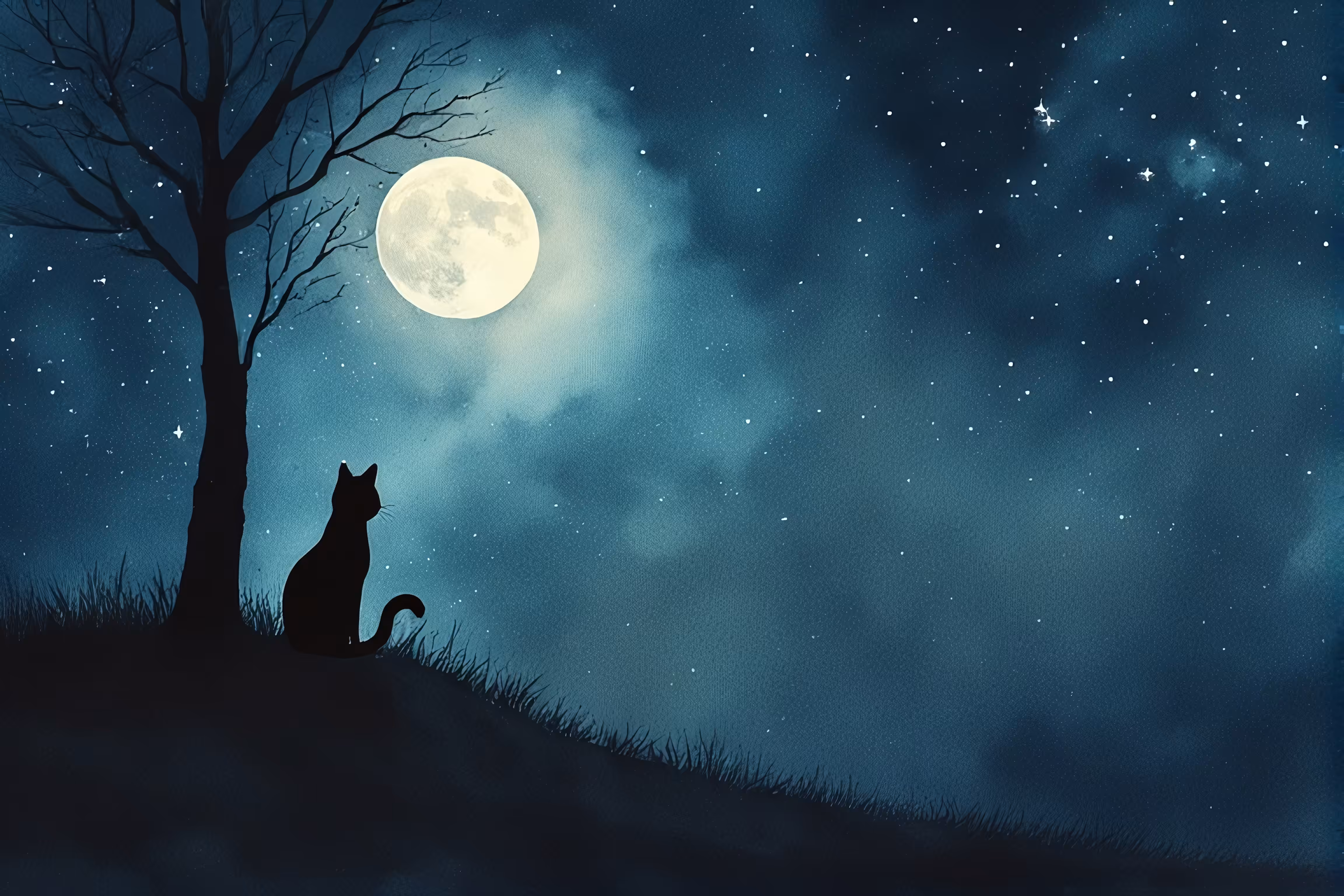 Lunar Vigil: A Cat's Silent Contemplation
