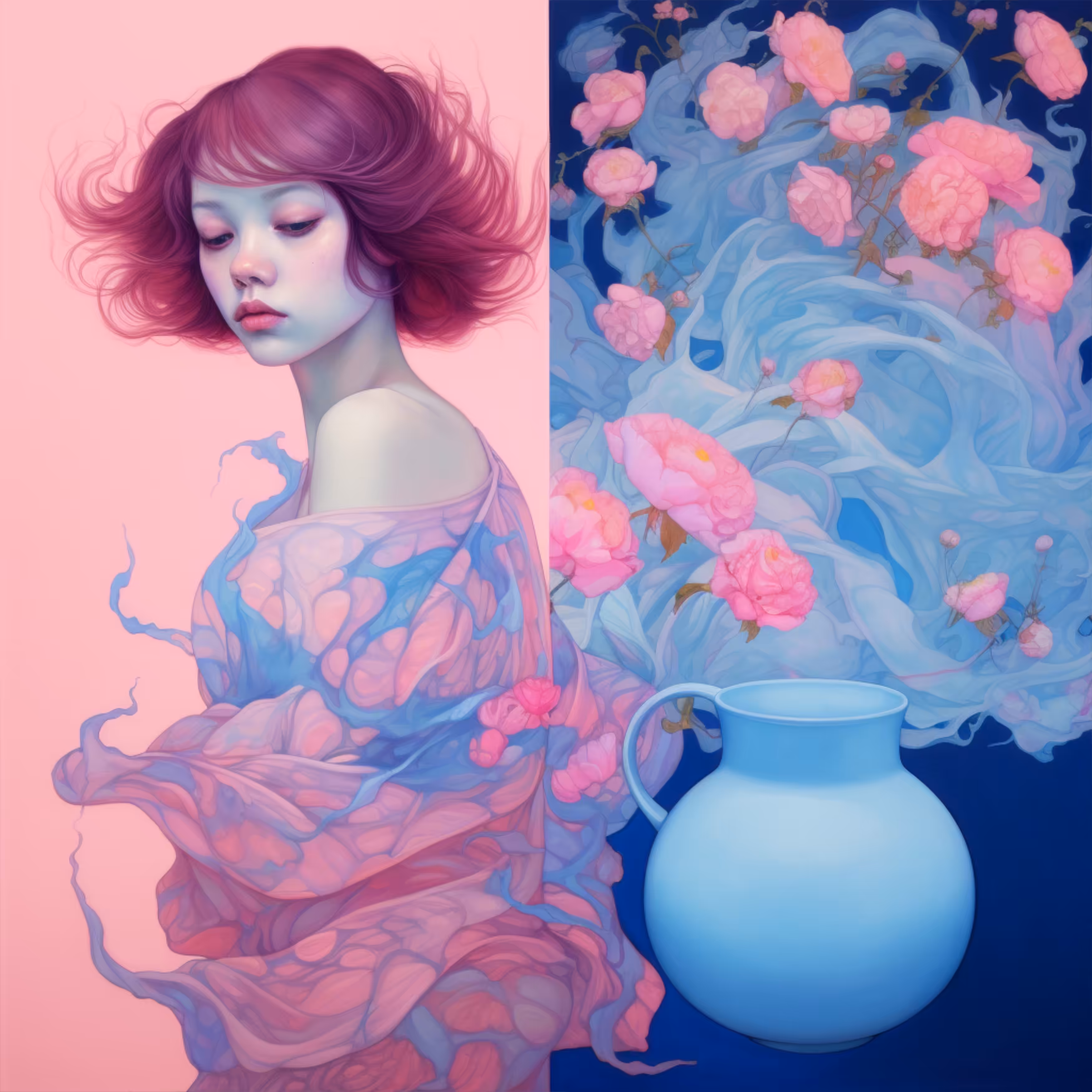 Pink and blue dress. Blue vase