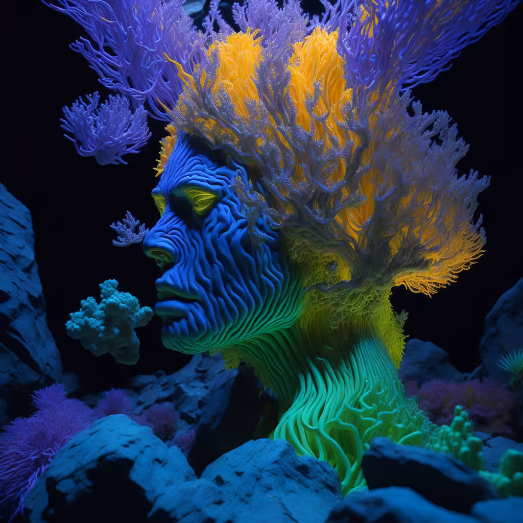 Oceanic Reverie: Human Head Within Coral Water