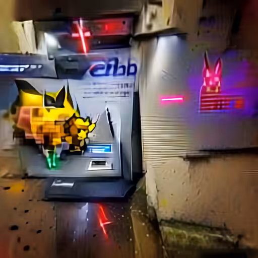 cyberpunk pikachu withdrawing bitcoin from an ATM