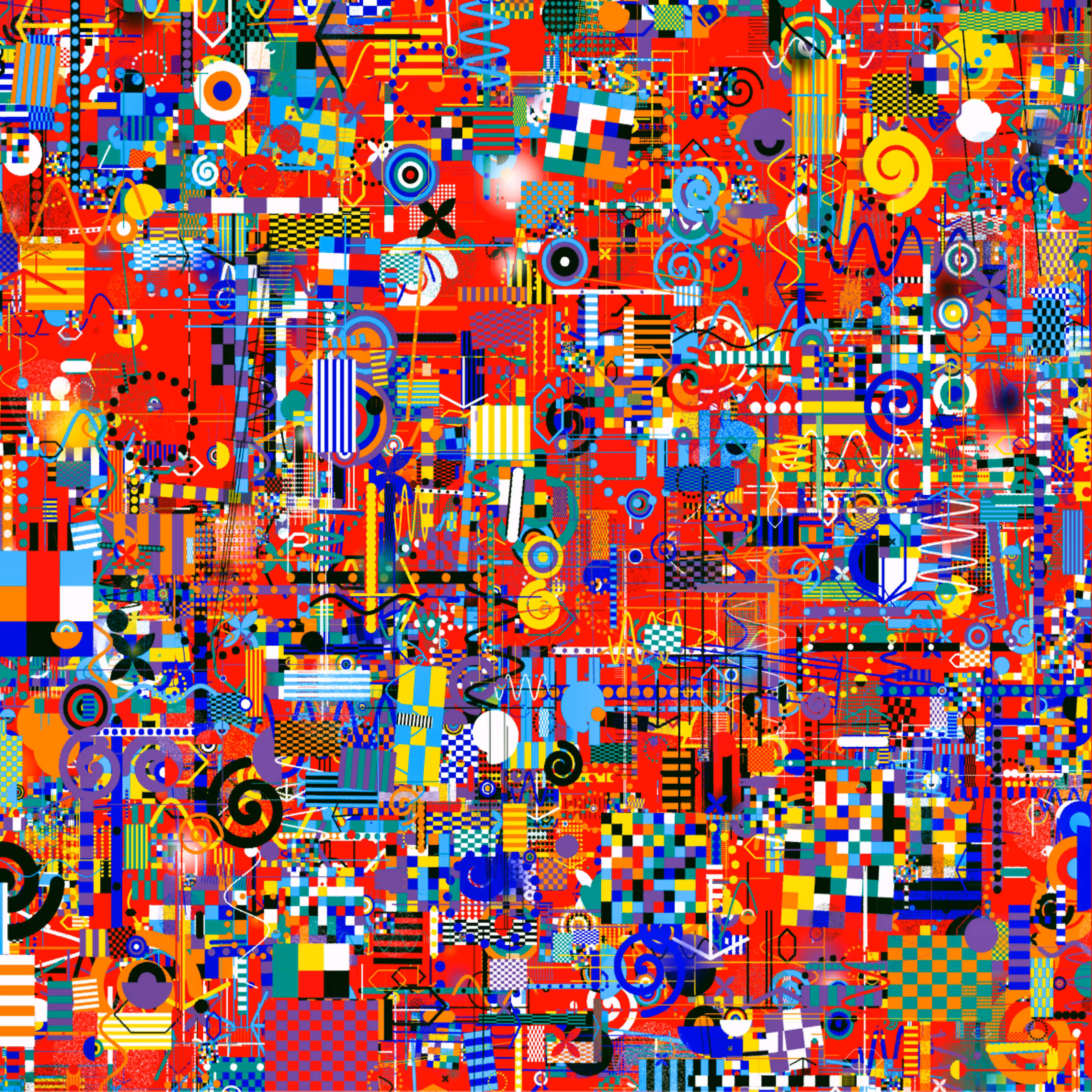A P5js sketch by Okazz forked and maxed out with deliberative and cumulative color field shapes and palettes in limited editions of 4000 x 4000px @ 144 DPI.