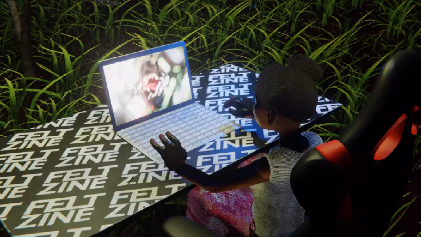 Desktop #279: The Military Brat in the Gaming Chair With a Drone and a Algo Lite Macbook on a Felt Zine Table in The Forest