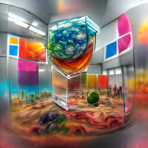 A colorful planet in a glass cube