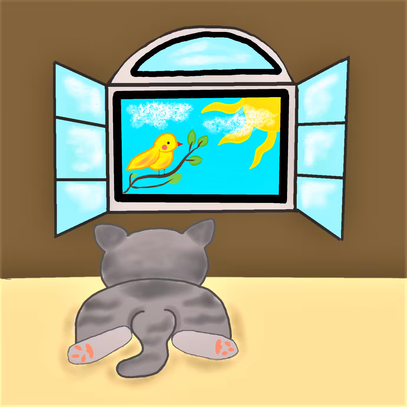 Kitty looks at the bird