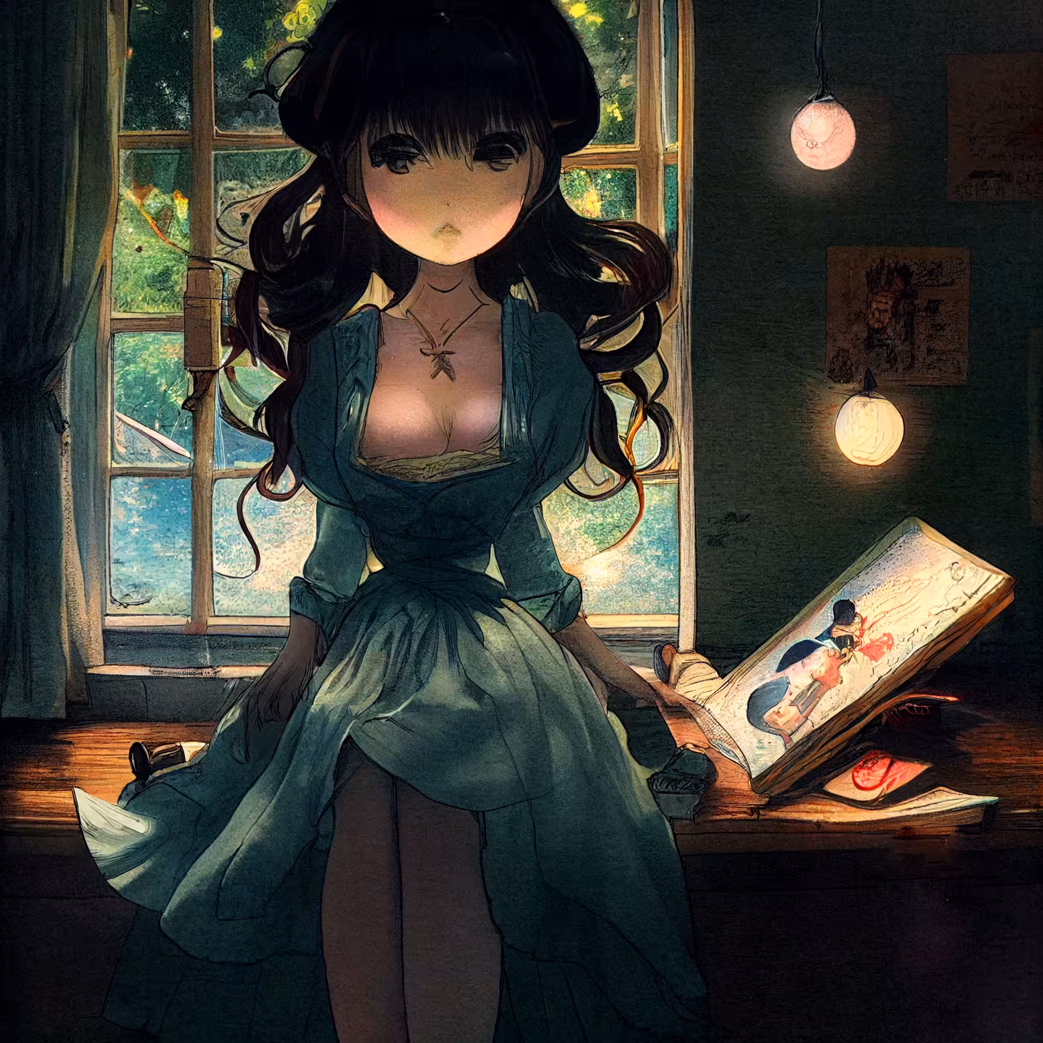 Anime girl sitting on the table near window
