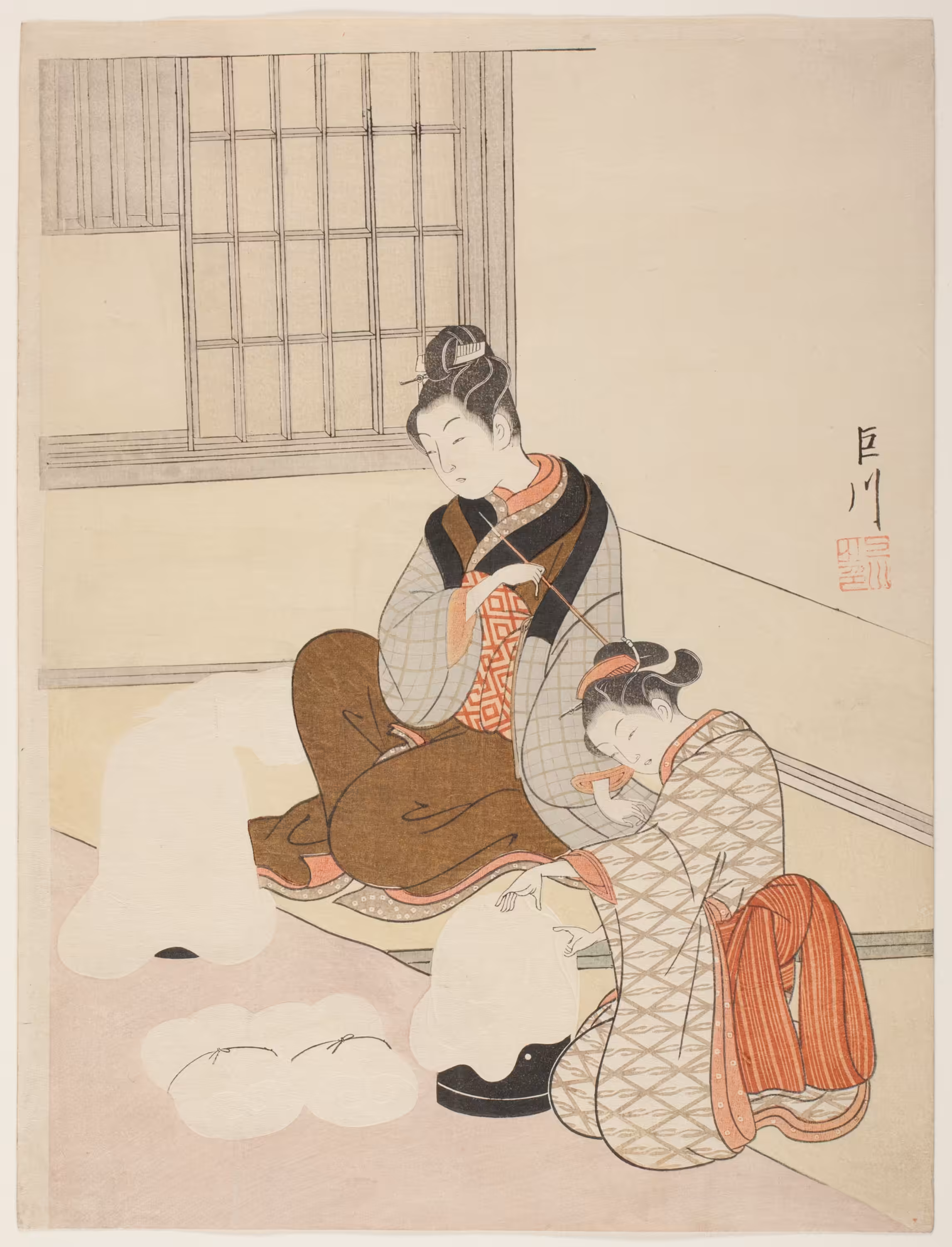 Evening Snow on a Floss Shaper (Nurioke no bosetsu), from the series “Eight Views of the Parlor (Zashiki hakkei)”