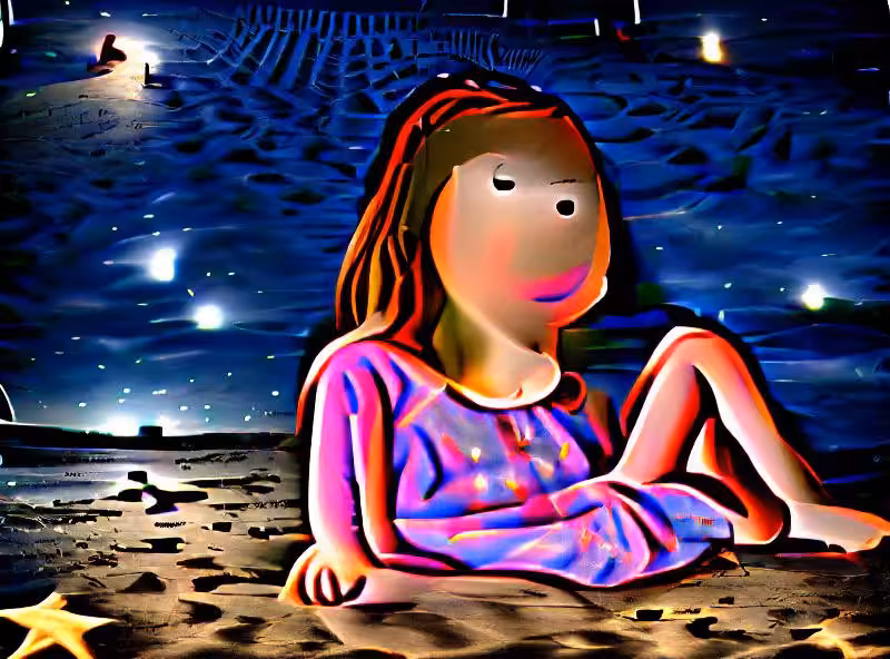 Abraham's First Works: Portrait of a lonely girl sitting on the beach at night under the stars