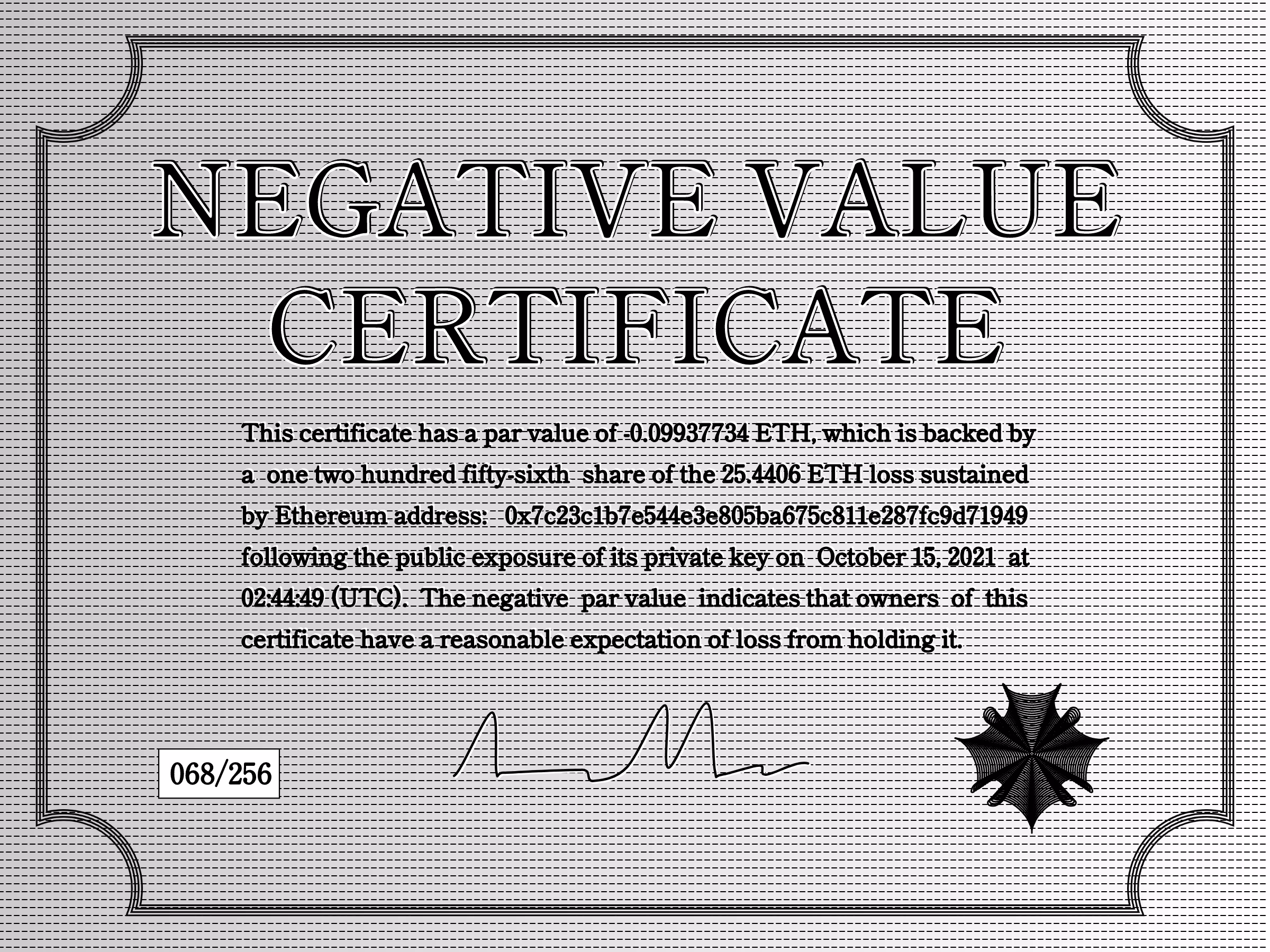 Negative Value Certificate #68 of 256