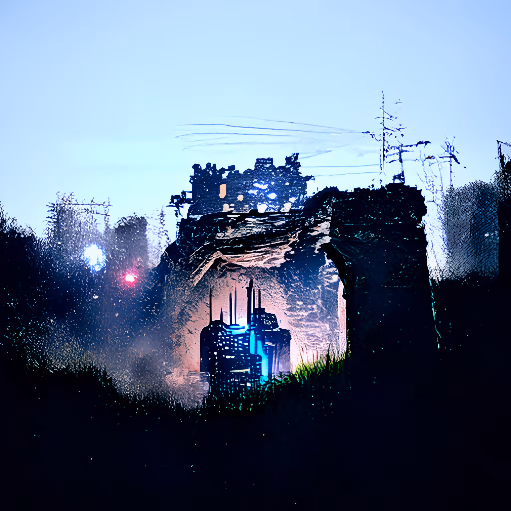 Castle ruins within a Cyberpunk landscape at night