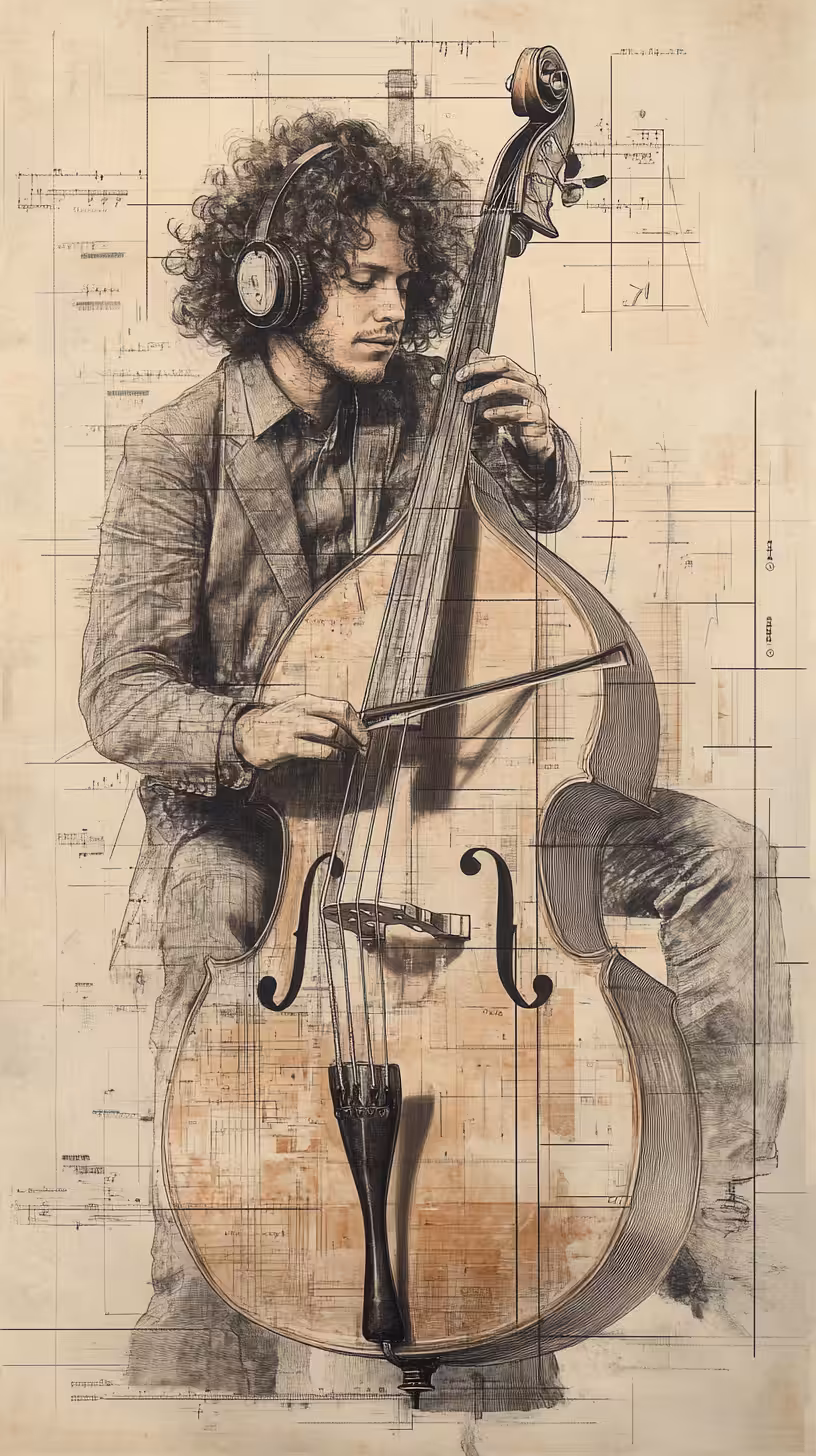 A handsome curly-haired man wearing headphones