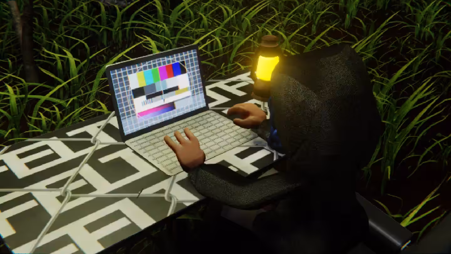 Desktop #187: The Hacker in the Eames Chair With a Gas Lamp and a Please Stand By Monitor on a Barbed Wire Table in The Forest