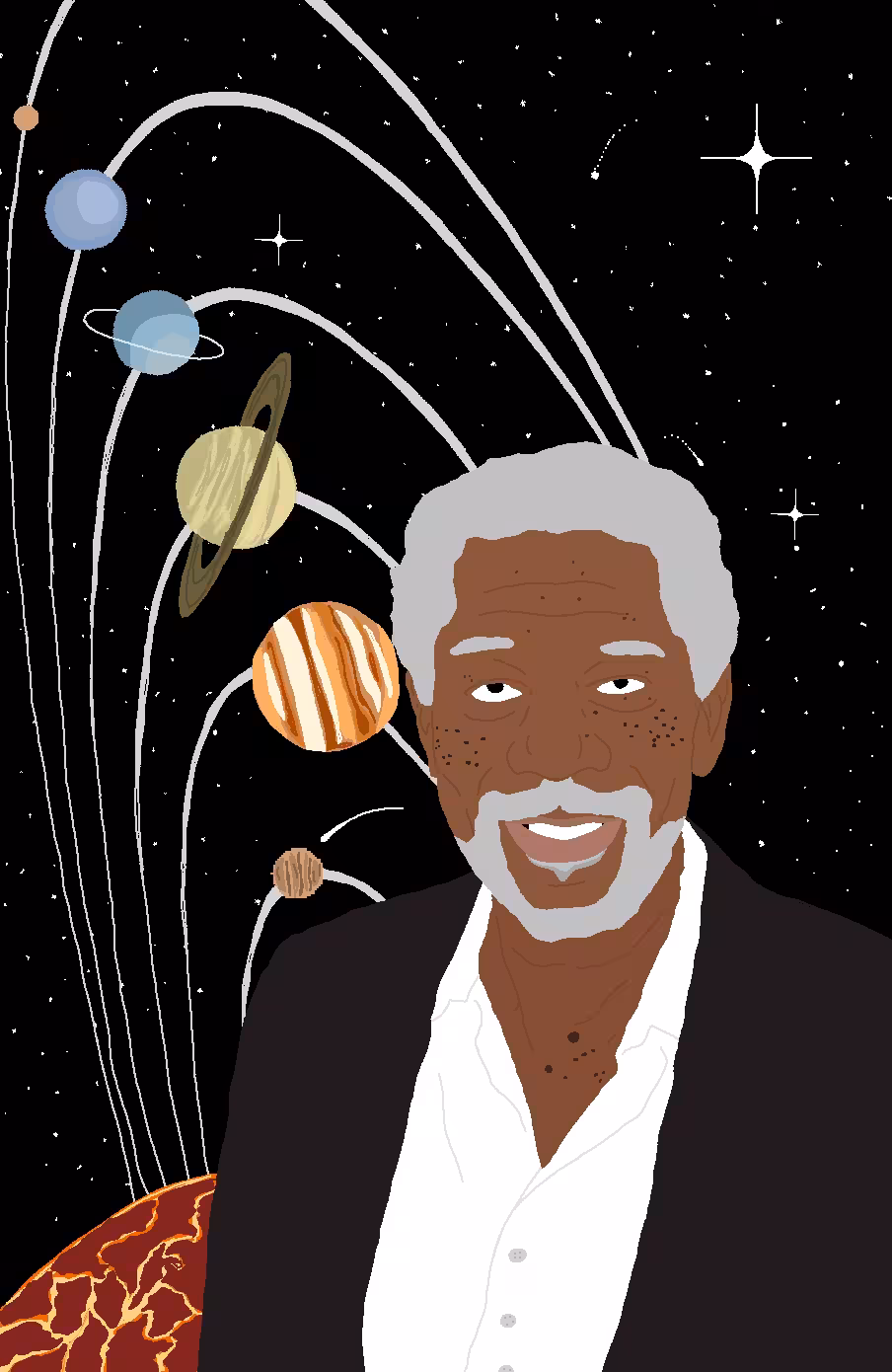 Portrait of Morgan Freeman at the solar system