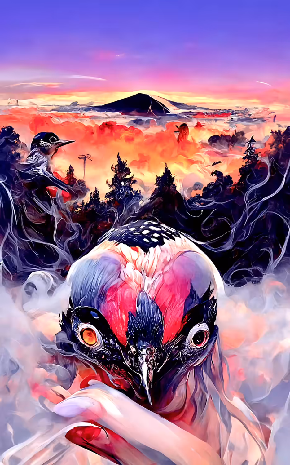 Otherside Nature Woodpecker near a volcano at Sunrise