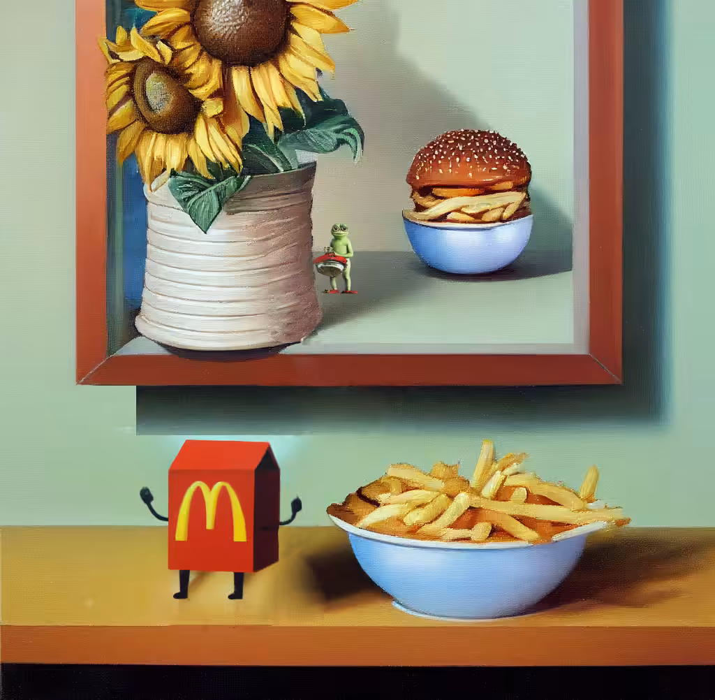 Still life of Mcdonald's Happy Meal and bowl of french fries on a wooden shelf in a private residence north of Ohio. #9/40