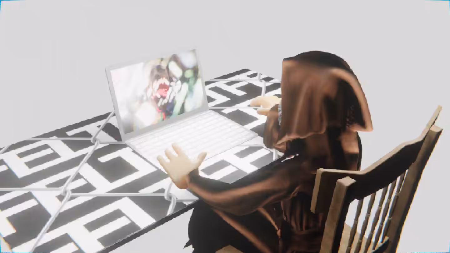 Desktop #149: The Guru in the French Wood Chair With a Hanging Light and a Algo Lite Macbook on a Barbed Wire Table in The Void