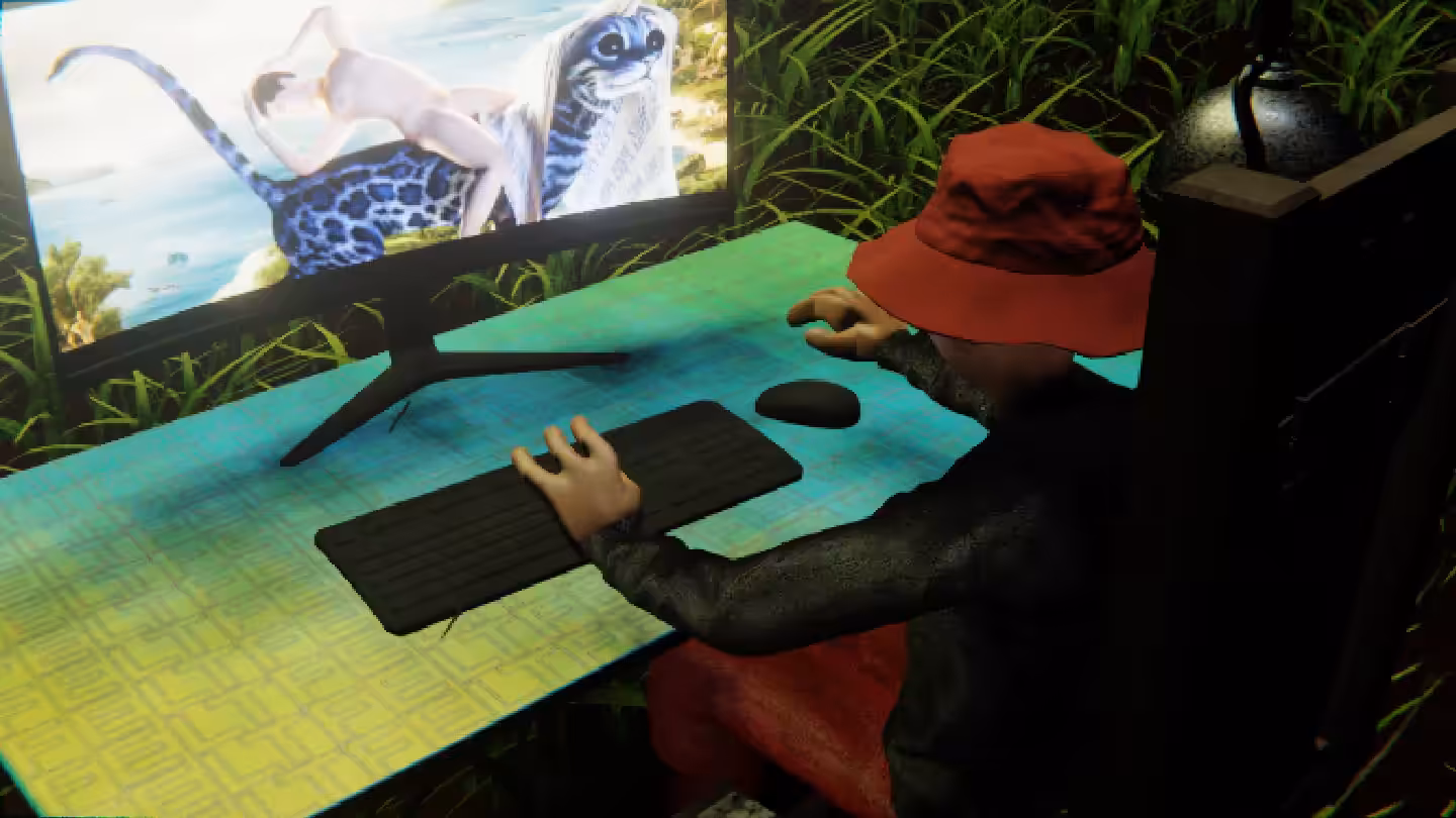 Desktop #153: The Hypebeast in the Electric Chair With a Hanging Light and a Kitty Monitor on a Green FELT Zine Table in The Forest