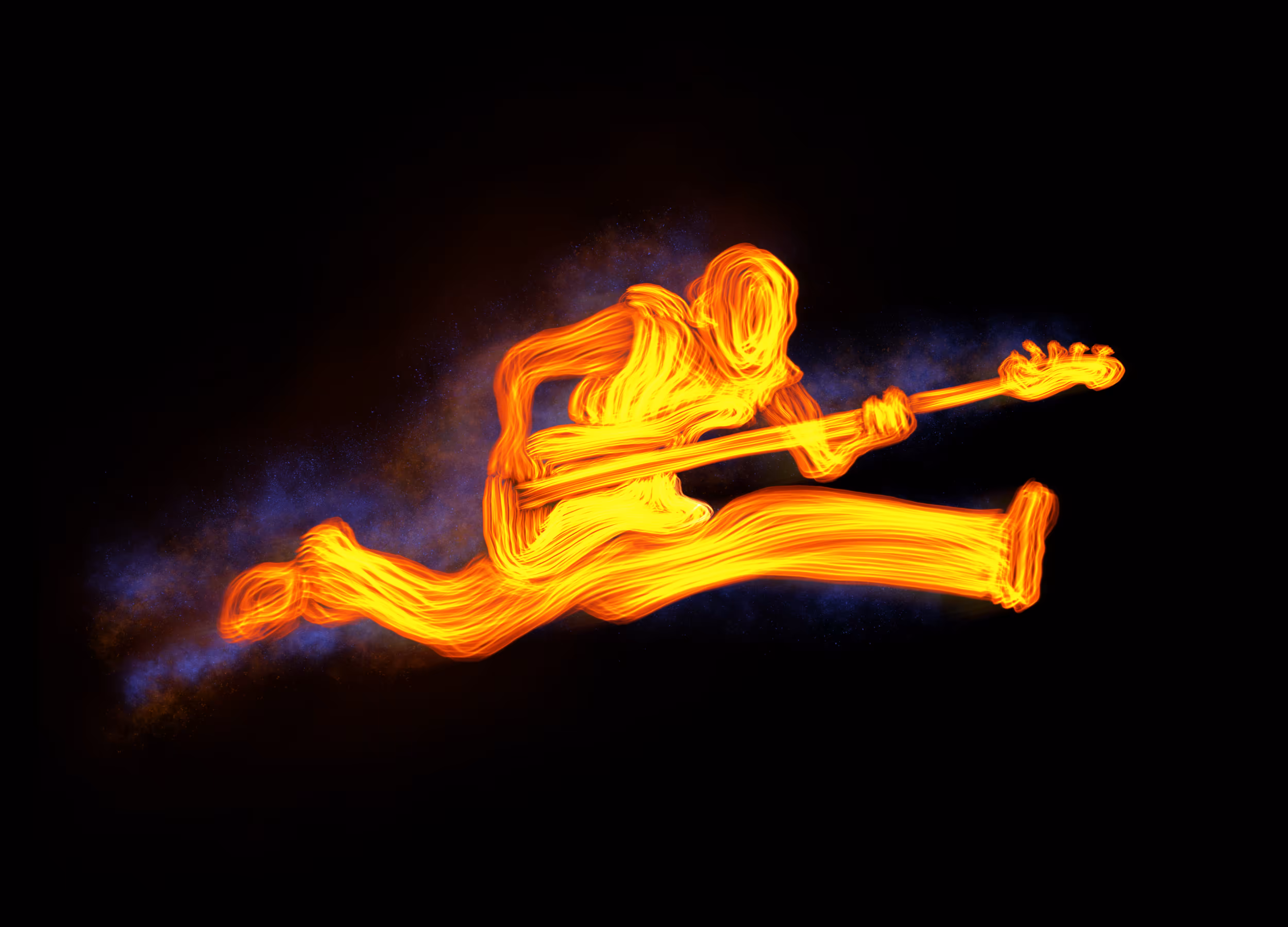 Fire Rock & Roll fiery musician guitarist jumps on stage illustration 