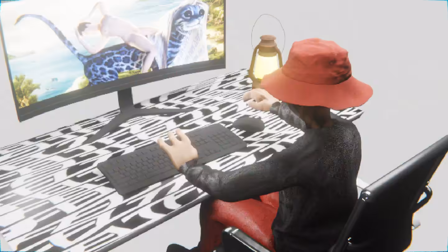 Desktop #189: The Hypebeast in the Black Slim Chair With a Gas Lamp and a Kitty Monitor on a Pattern Table in The Void