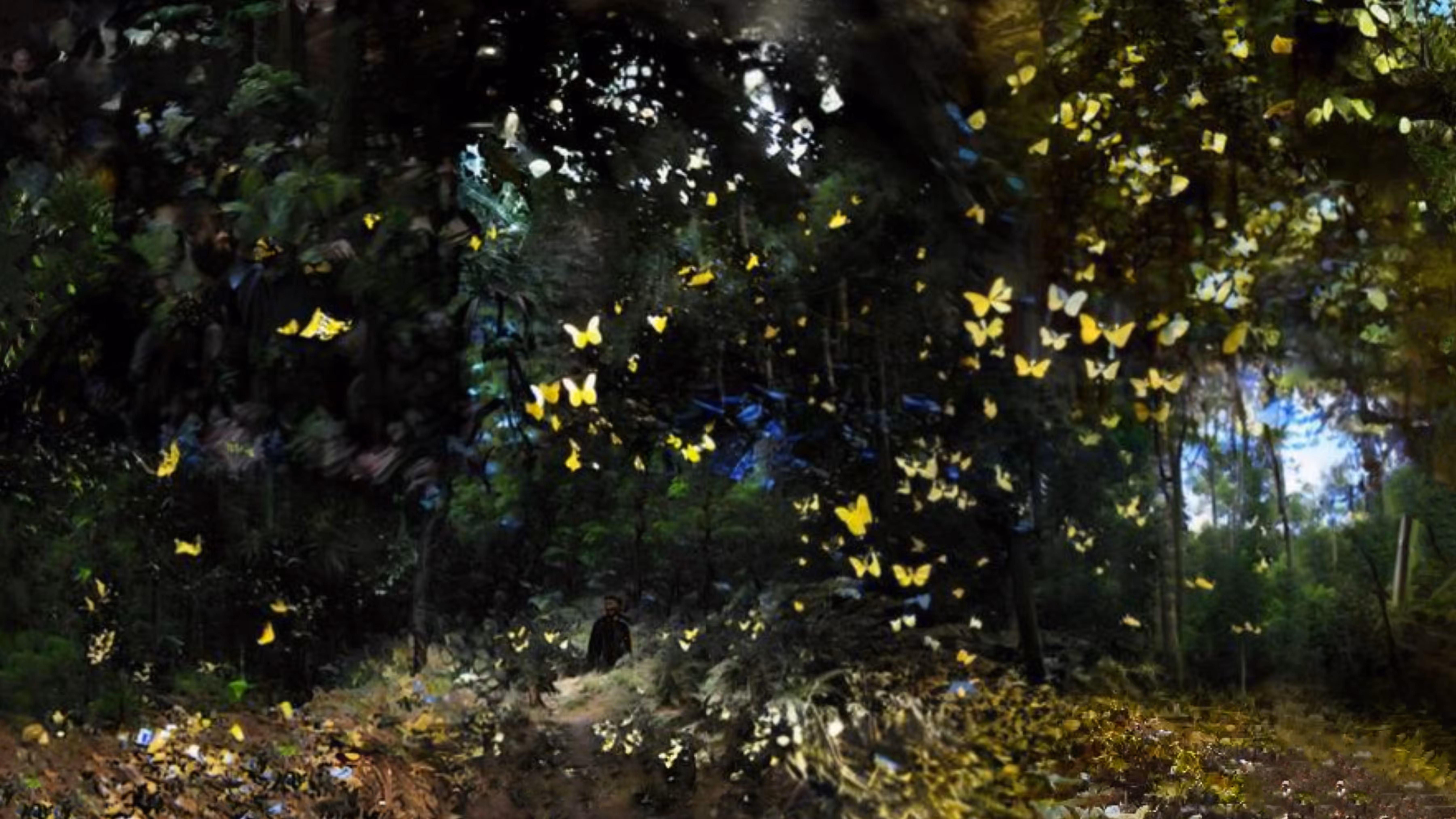surrounded by a flock of yellow butterflies